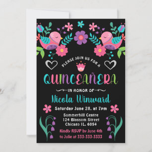 Invitación Fiesta Mexicana Quinceañera de pájaros y flores