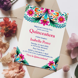 Invitación Fiesta mexicana quinceanera floral blanca vibrante