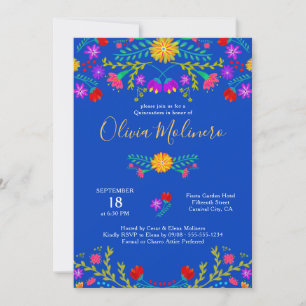 Invitación Fiesta Mexicana Quinceañera Floral Colorido Azul