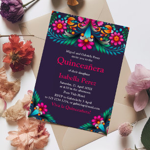 Invitación Fiesta Mexicana Quinceañera Floral Vibrante Púrpur