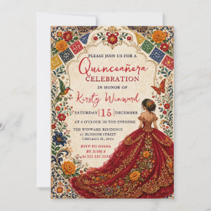 Invitación Fiesta Mexicana Roja Floral Dorada Quinceañera