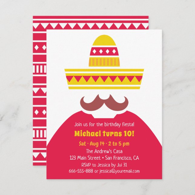 Invitación Fiesta mexicano de moda Sombrero Mustache Fiesta (Anverso / Reverso)
