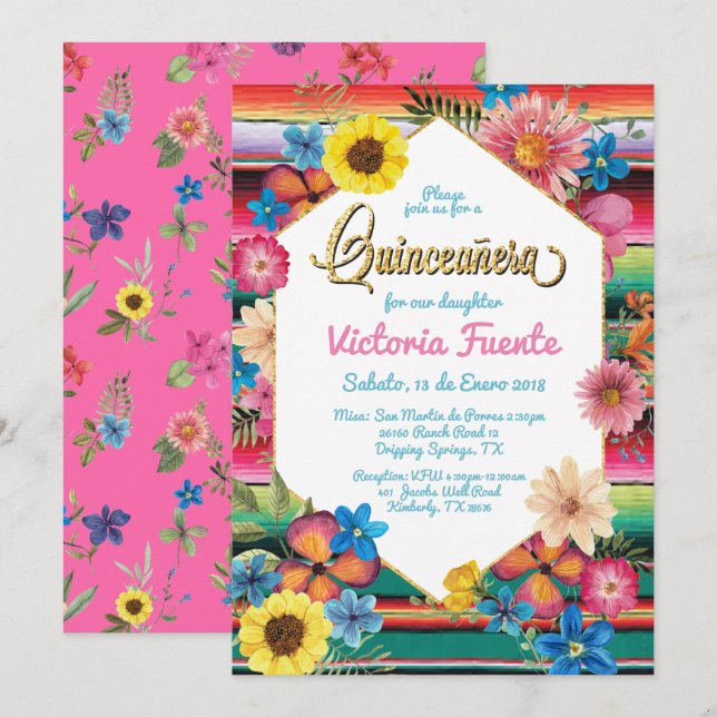 Invitación Fiesta mexicano de Quinceanera Purpurina de oro Fl (Anverso / Reverso)