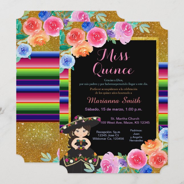 Invitación Fiesta mexicano vestido negro de oro Quinceañera  (Anverso / Reverso)