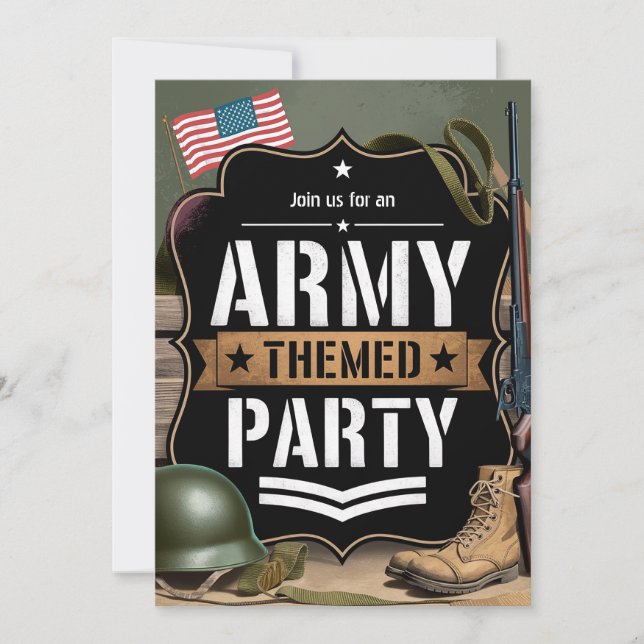 Invitación Fiesta Militar con Tema de Ejército Patriótico (Anverso)