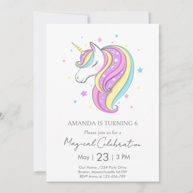 Invitación Fiesta mínima de cumpleaños de Pastel Unicornio (Anverso)