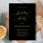 Invitación Fiesta mínima de vacaciones de la caligrafía de or<br><div class="desc">Modern Black and Gold Caligraphy Minimalista Holiday Party Invitation es perfecto para un simple evento de Navidades. Presenta un elegante texto de invierno "Fiesta de vacaciones" en un hermoso tipo de letra con letras a mano y agitado tipo de letra con cruz-cruz en oro sobre fondo de color negro. Fácil...</div>