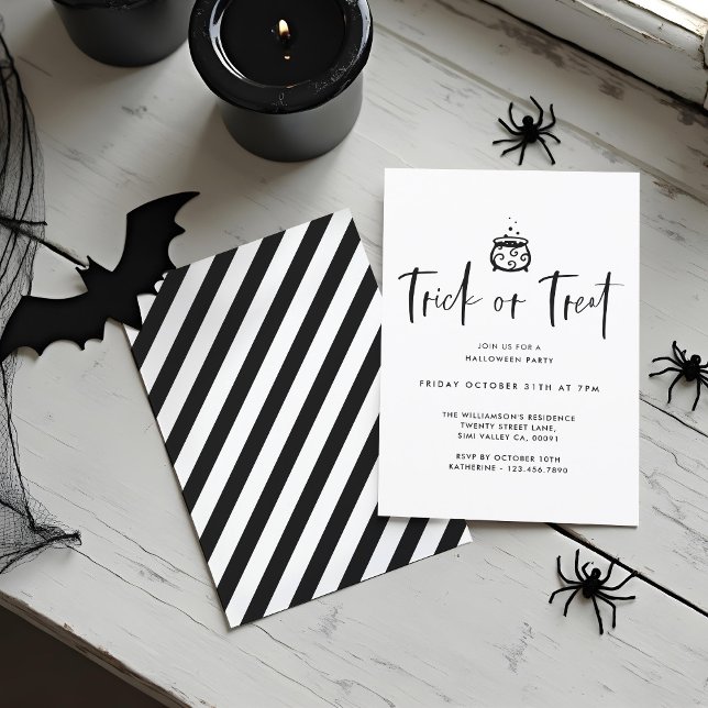 Invitación Fiesta Mínima Mínima De Halloween De Truco O Trata (Trick Or Treat Black Minimal Halloween Party Invitation)
