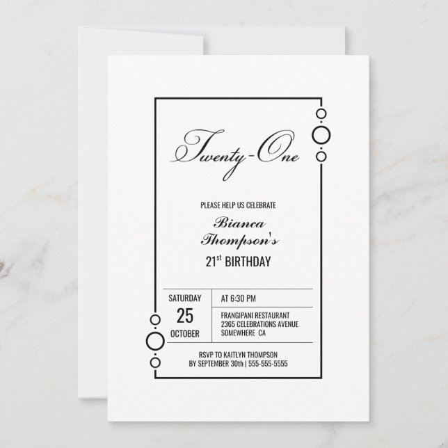 Invitación Fiesta Minimalista 21 de cumpleaños (Anverso)