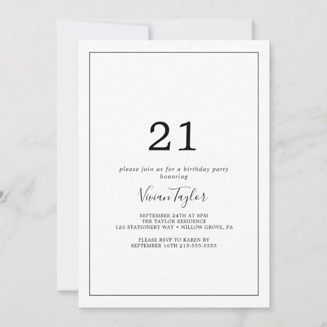 Invitación Fiesta minimalista de cumpleaños número 21 (Anverso)