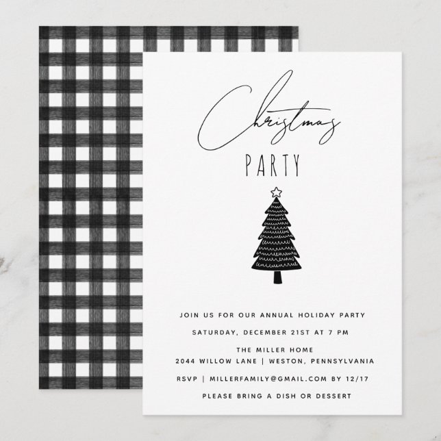 Invitación Fiesta minimalista de Navidades blancos y negros (Anverso / Reverso)