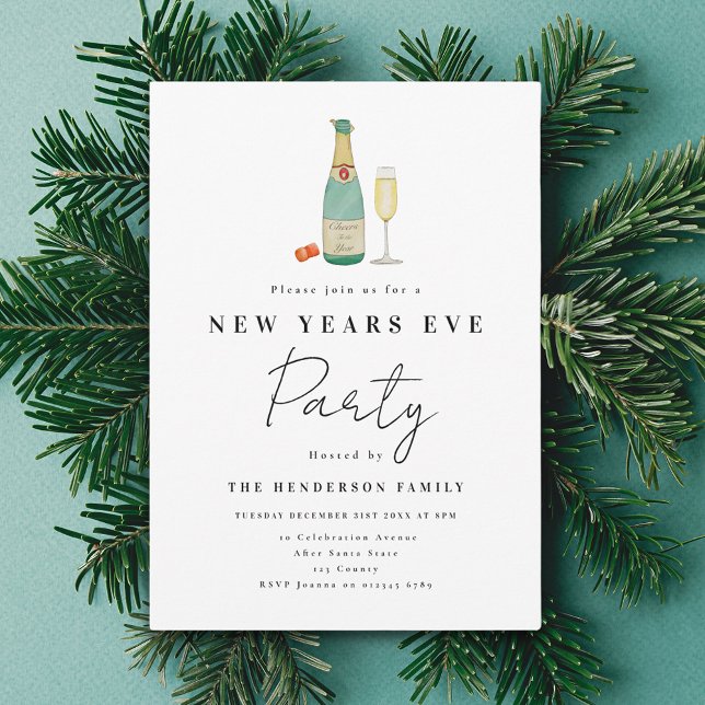 Invitación Fiesta minimalista de Nochevieja (Minimalist watercolor New Year’s Eve party invitation)