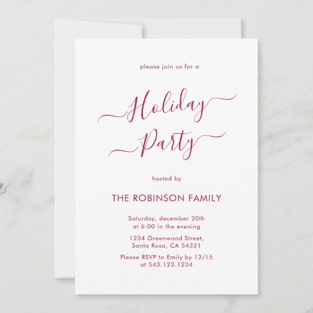 Invitación Fiesta minimalista elegante de caligrafía roja (Anverso)