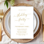 Invitación Fiesta minimalista elegante de vacaciones de calig<br><div class="desc">Modern Gold Caligraphy Minimalista Holiday Party Invitation es perfecto para un simple evento de Navidades. Presenta un elegante texto de invierno "Fiesta de vacaciones" en un hermoso tipo de letra con letras a mano y agitado tipo de letra con cruz en color dorado sobre fondo blanco. Fácil de personalizar con...</div>