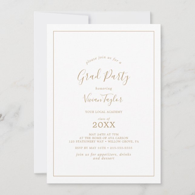 Invitación Fiesta minimalista Gold Grad (Anverso)