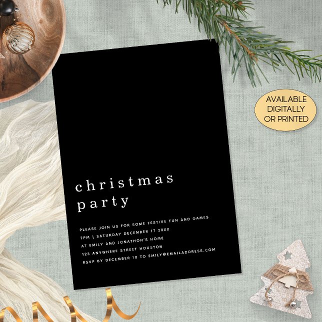 Invitación Fiesta mínimo de Navidades blancos negros negro ne (Available digitally or printed)