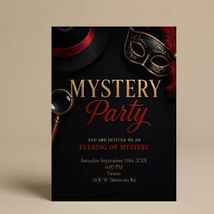 Invitación Fiesta Misteriosa Elegante de Negro y Oro