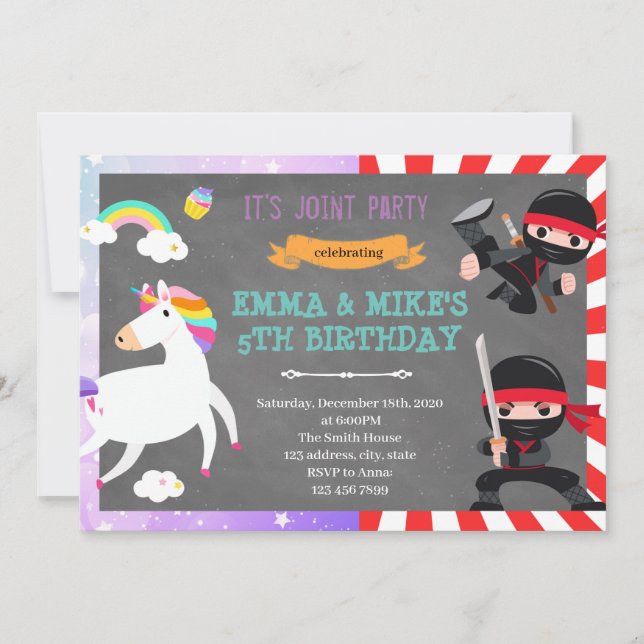 Invitación Fiesta mixto Ninja unicorn (Anverso)