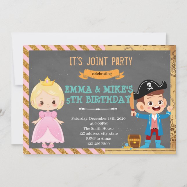 Invitación Fiesta mixto pirata de la princesa (Anverso)