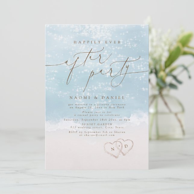Invitación Fiesta Modern Script Sand Hearts Felices Para Siem (Anverso de pie)