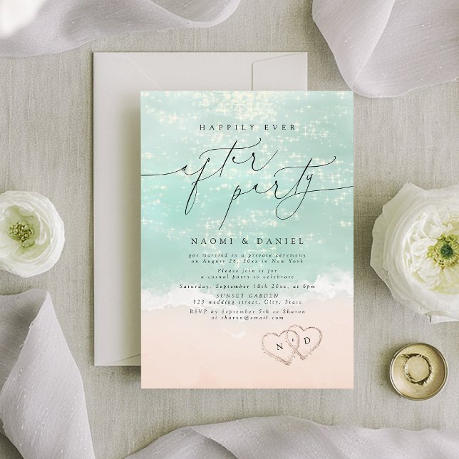 Invitación Fiesta Modern Script Sand Hearts Felices Para Siem (Modern Script Sand Hearts Happily Ever After Party Invitation)