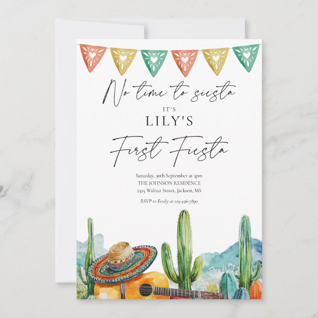 Invitación Fiesta Moderna Cactus Acuarela Cumpleaños 1 (Anverso)