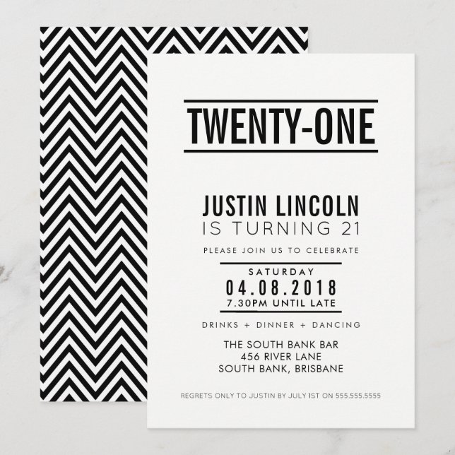 Invitación FIESTA MODERNA DE 21 años INVITE negro liso (Anverso / Reverso)