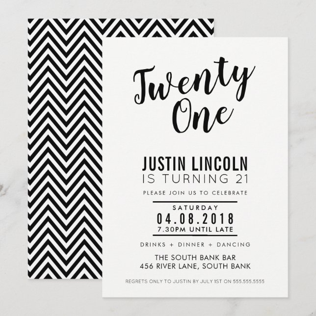 Invitación FIESTA MODERNA DE 21 años INVITE negro liso (Anverso / Reverso)