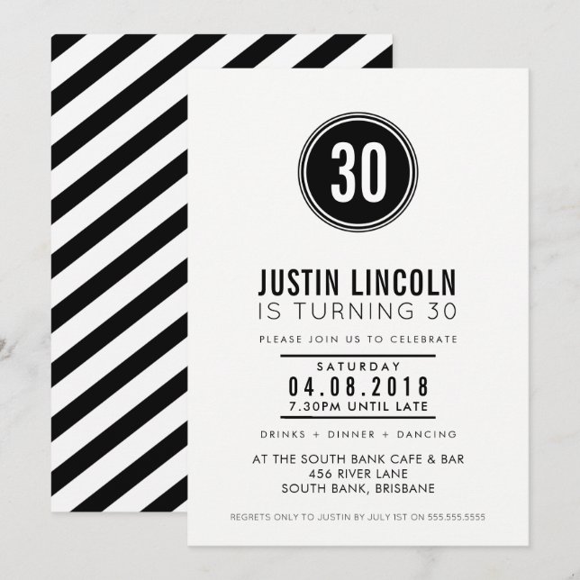 Invitación FIESTA MODERNA DE 30 AÑOS INVITE manchado negro (Anverso / Reverso)