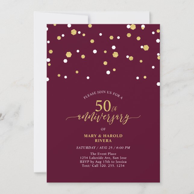 Invitación Fiesta moderna de aniversario de bodas de oro rojo (Anverso)