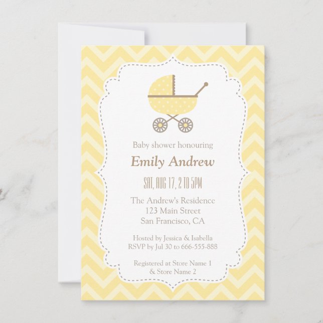 Invitación Fiesta Moderna de Bebé con Cochecito Amarillo Neut (Anverso)