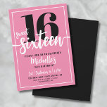 Invitación Fiesta Moderna de Cumpleaños 16 Dulces Dieciséis<br><div class="desc">Presentamos una invitación de cumpleaños para Sweet Sixteen simple y moderna, perfecta para celebrar con estilo. El vibrante diseño presenta un fondo rosa brillante con un "16" en negrita que se muestra de manera prominente en la parte superior. A continuación, "Sweet Sixteen" está elegantemente escrito en caligrafía script, estableciendo un...</div>