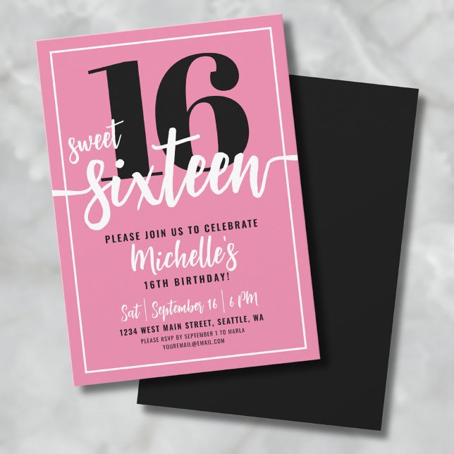 Invitación Fiesta Moderna de Cumpleaños 16 Dulces Dieciséis (Modern Chic Pink Sweet Sixteen 16th Birthday Party Invitation)