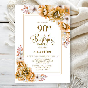 Invitación Fiesta moderna de cumpleaños 90 con flores naranja
