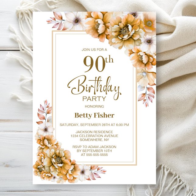 Invitación Fiesta moderna de cumpleaños 90 con flores naranja (Subido por el creador)