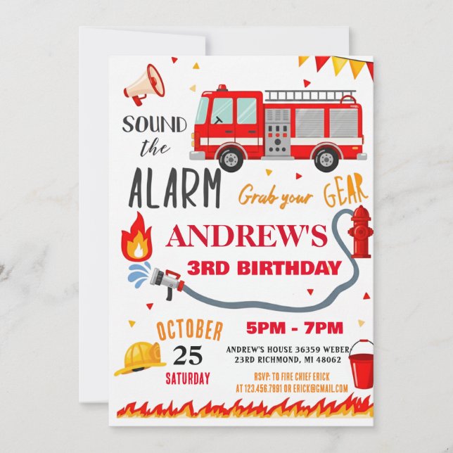 Invitación Fiesta moderna de cumpleaños de bombero para niño (Anverso)