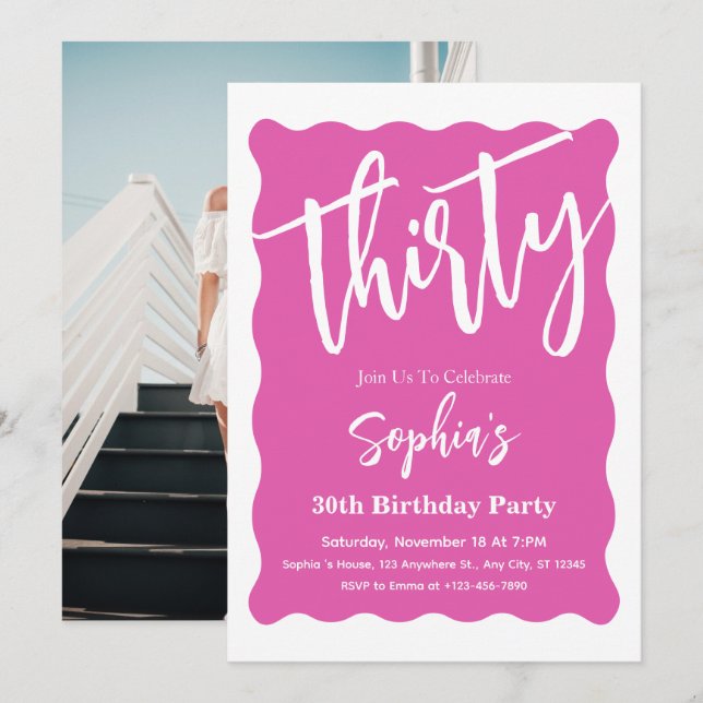 Invitación Fiesta moderna de cumpleaños número 30 con curva o (Anverso / Reverso)