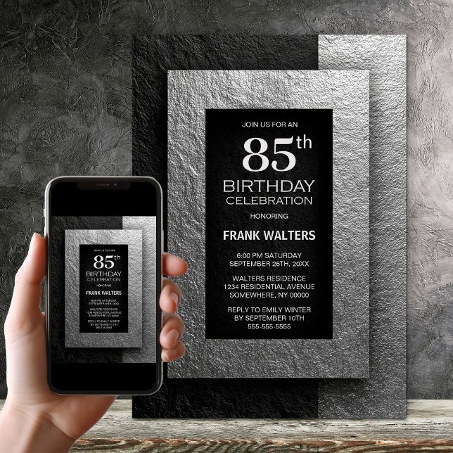Invitación Fiesta moderna de cumpleaños número 85 de negro y  (Subido por el creador)