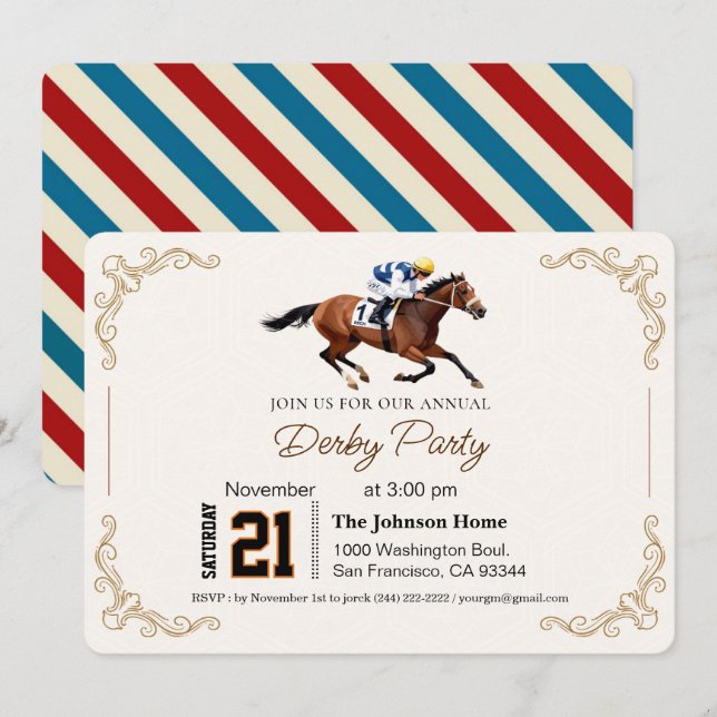 Invitación Fiesta Moderna de Derby de Caballos de Carreras Ec (Anverso / Reverso)