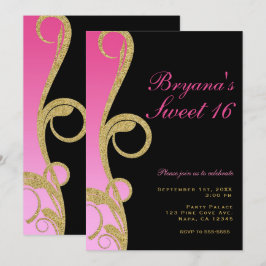 Invitación Fiesta Moderna de Dulces 16 con Remolino Rosa, Neg