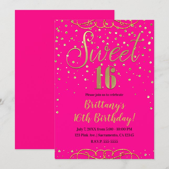 Invitación Fiesta Moderna de Dulces 16 Rosa Brillante y Dorad (Anverso / Reverso)
