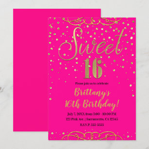 Invitación Fiesta Moderna de Dulces 16 Rosa Brillante y Dorad