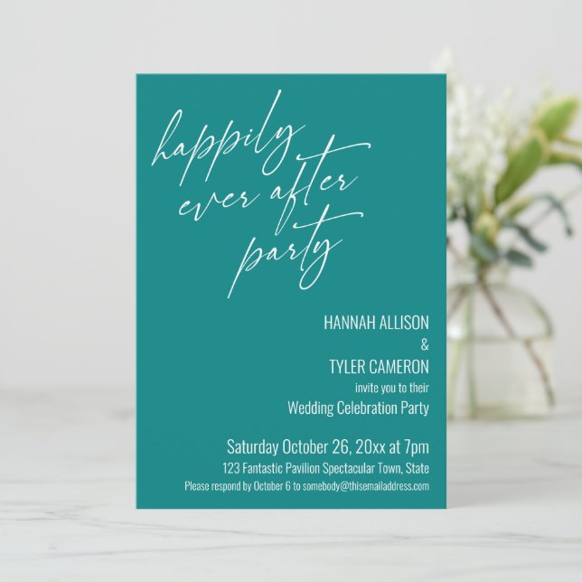 Invitación Fiesta Moderna de Felices para Siempre Teal Recepc (Anverso de pie)