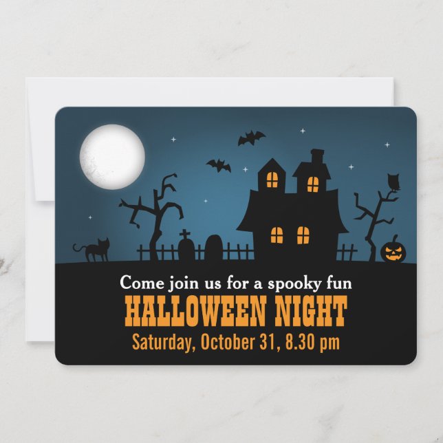 Invitación Fiesta Moderna de Halloween en una Casa Embrujada  (Anverso)