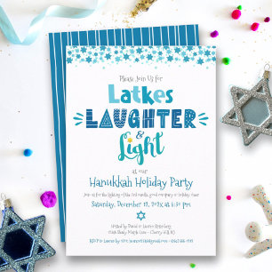 Invitación Fiesta moderna de Hanukkah con risas y luz de latk