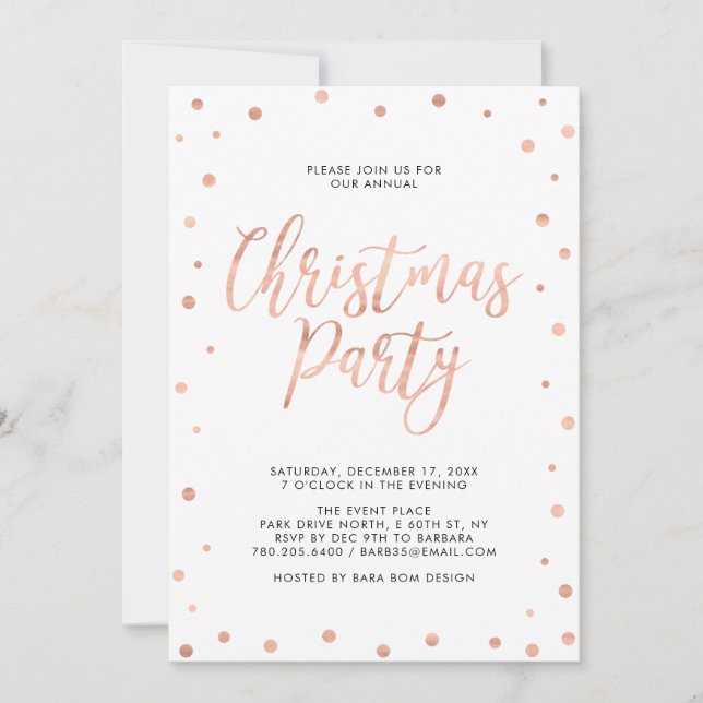 Invitación Fiesta moderna de Navidad con confeti de oro rosa (Anverso)