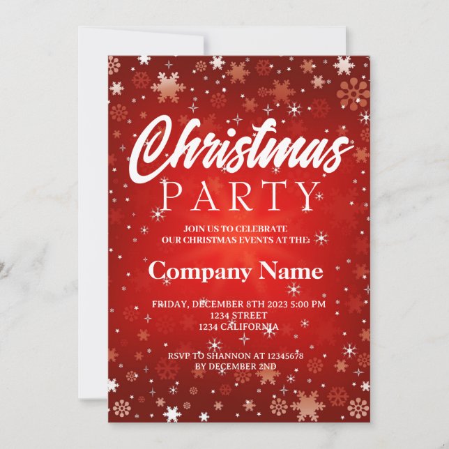 Invitación Fiesta moderna de Navidad roja y blanca con copos  (Anverso)