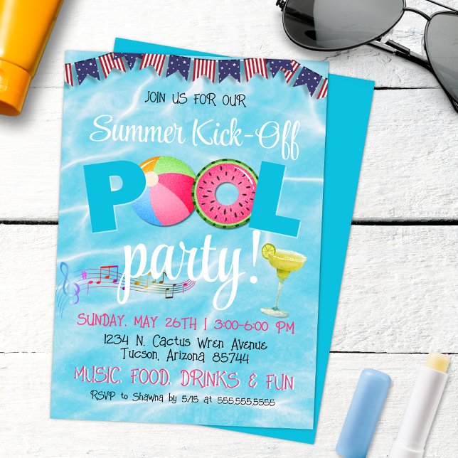Invitación Fiesta Moderna de Piscina Patriótica del 4 de Juli (Fun Colorful Summer Pool Party Invitation with Modern Music, Margaritas and Music)