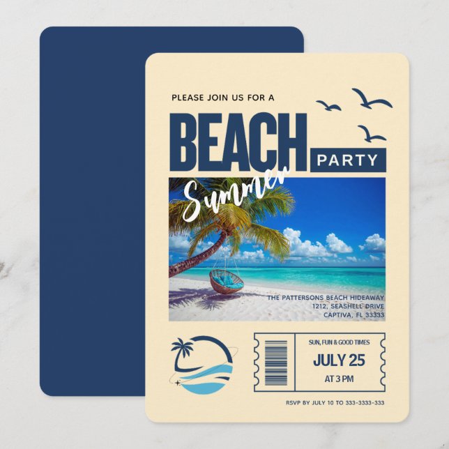 Invitación Fiesta Moderna de Playa de Azul Oscuro (Anverso / Reverso)