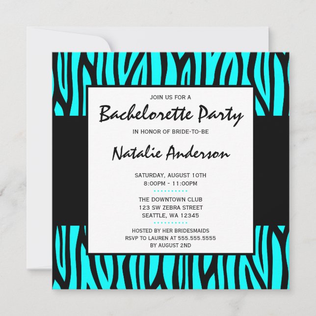 Invitación Fiesta moderna de soltera verde azulada azul cebra (Anverso)